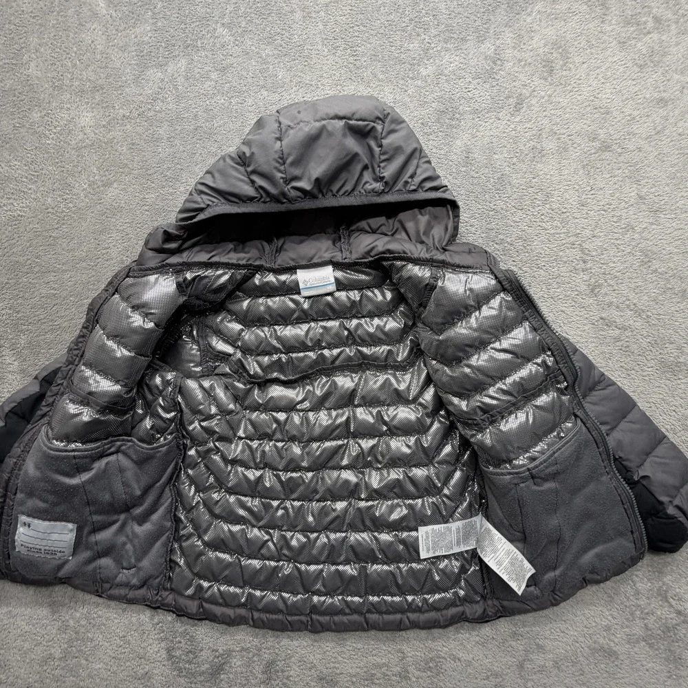 Columbia Jacket Youth 6 Black Gray Hooded Puffer Omni-Heat Insulated Full Zip‎